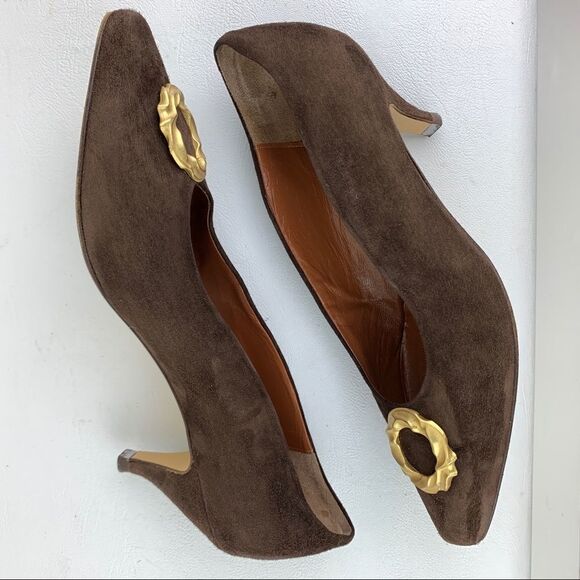 Vintage Paloma Brown Suede Pointy Toe Heels Satin Gold Circle Accent - Picture 3 of 13